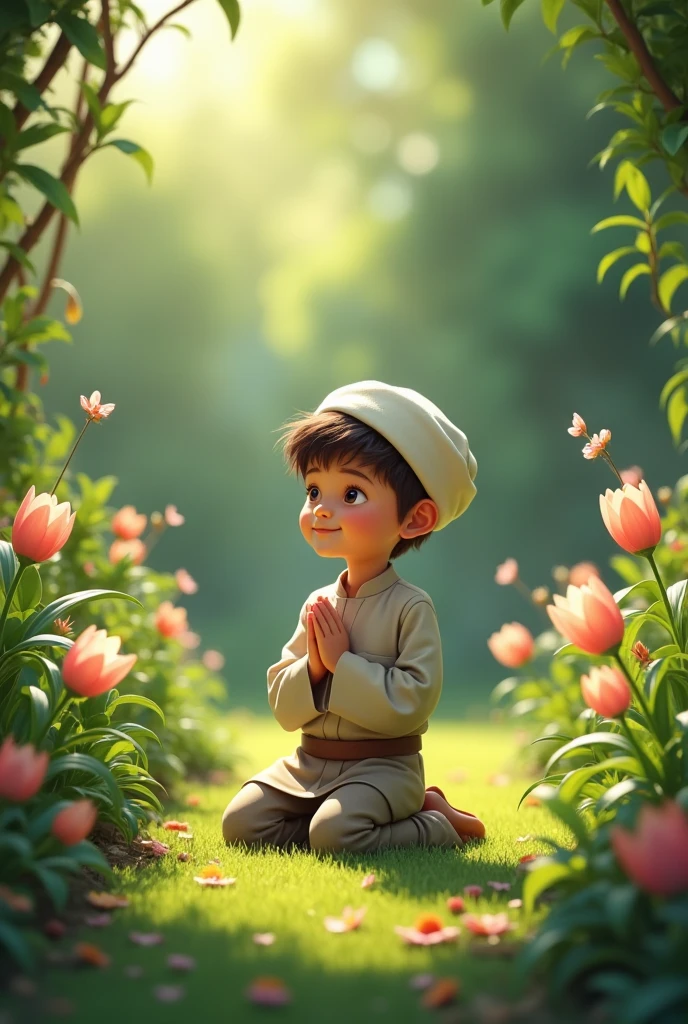 A 15-1 boy wearing a white cap prays, sits at an ablution place and washes his feet, with trees and huts behind him. the day will dawn,