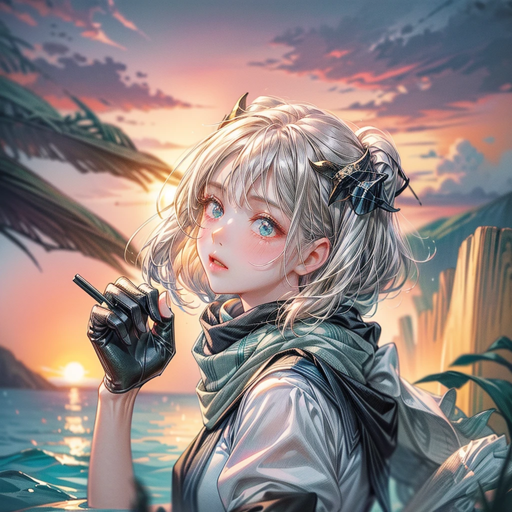 masterpiece: 1.2,  high res,32K,  photorealistic : 1.37,  Ultra Details: 1.2,  cute girl in the ocean , Dolphin ride, (首にかわいい赤い scarf: 1.4), 笑faceの匂い, Beautiful and delicate (hair, face,  scarf, skin, foot, In the water, bubble): 1.4,  blushed,  with her mouth half closed , bright rosy lips, Sparkling Eyes, Delicate eyes, wet Flowing hair,  brightly colored illustration 