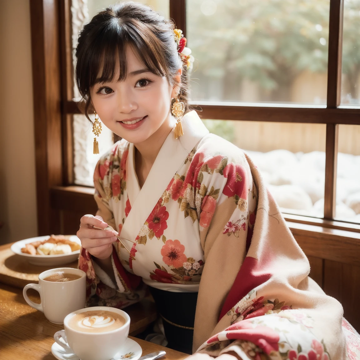 Japanese ID ,(( cute ,baby face:1.2)),(8k,  RAW photos ,  super detailed ,  top quality :1.2), ( realistic,  Photorealistic:1.4), ( very detailed,  super high res , beautiful,  table top in bed:1.2),18 years old , very detailed顔と目, Shiny Skin ,( upper body:1.  Professional Writing ,Soft light,  Sharp Focus, Deep written boundary, medium hair, earrings for women with first name, ( A gorgeous floral kimono costume  :1.3),Bokeh,( dynamic angle :1.5 ),( A cozy little cafe with warm light shining in .  The contrast between the winter scenery seen from the window and the warmth of the room. :1.3)((I'm eating mochi)),smile,((I'm eating a round dumpling stuck on a skewer)),