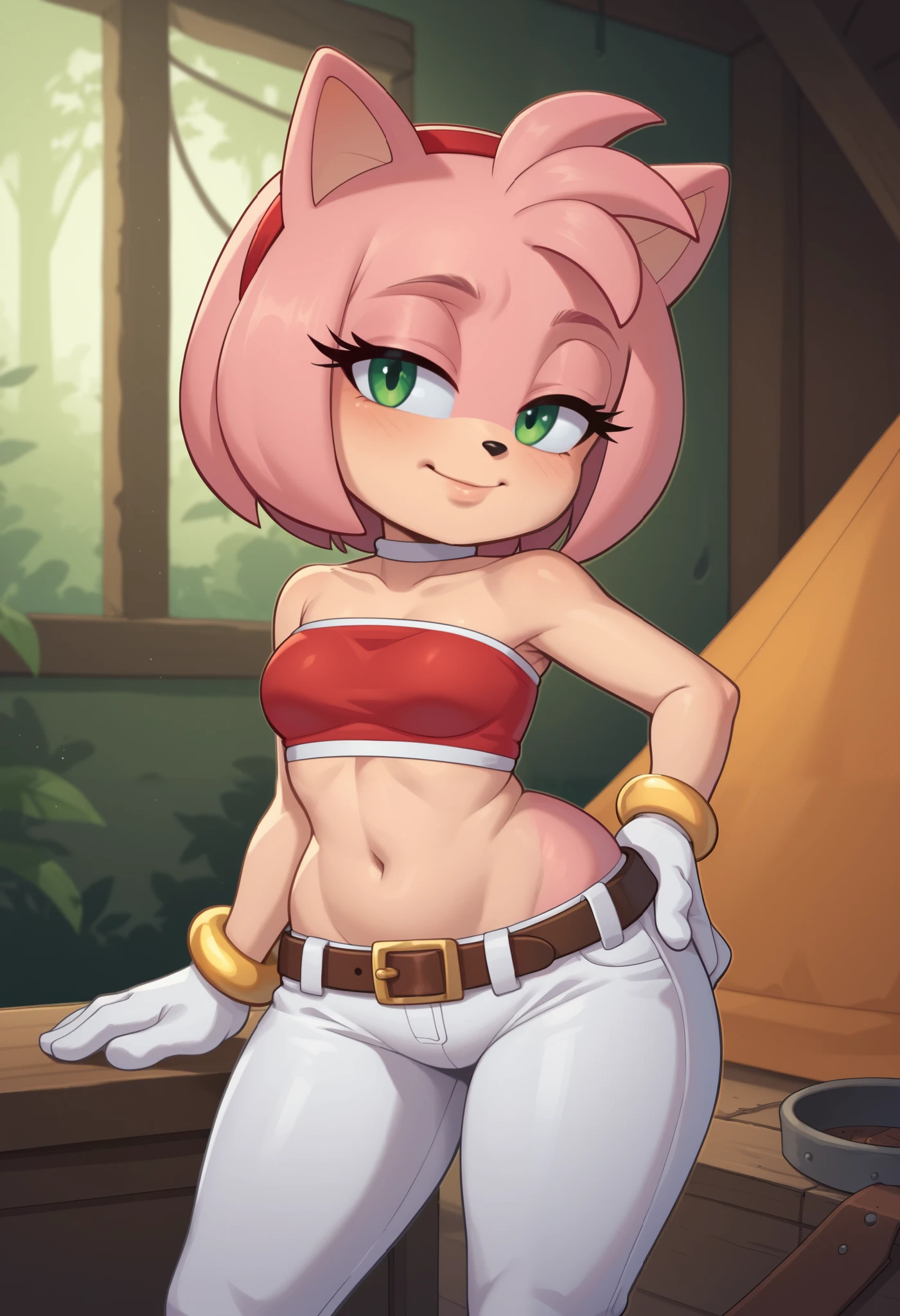 score_9, score_8_up, score_7_up, rating_explicit, source_cartoon, white outline, bold outline, simple background, evnstnly, 1 girl, furry female, amy rose, two-tone skin, cute, (shortstack:1.3), white gloves, gold bracelet, tube top, small breasts, huge hips, plump, chibi, hand on hip, motion lines, half closed eyes, head tilt, from side.| choker. gloves, navel,midriff, belt, pants, crop top, turtleneck, room, room background, cowboy shot. forest. tent
