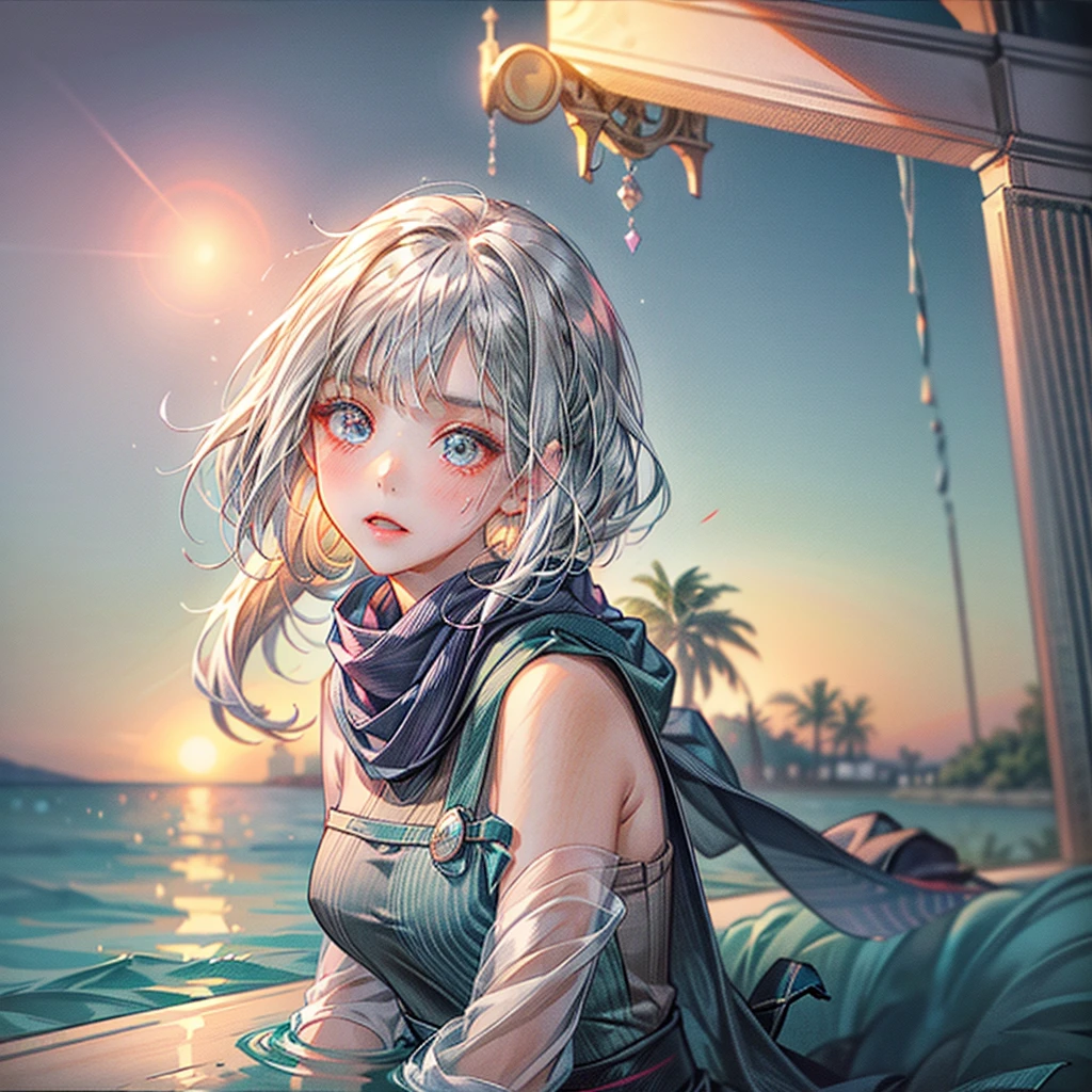 masterpiece: 1.2,  high res,32K,  photorealistic : 1.37,  Ultra Details: 1.2,  cute girl in the ocean , Dolphin ride, (首にかわいい赤い scarf: 1.4), 笑faceの匂い, Beautiful and delicate (hair, face,  scarf, skin, foot, In the water, bubble): 1.4,  blushed,  with her mouth half closed , bright rosy lips, Sparkling Eyes, Delicate eyes, wet Flowing hair,  brightly colored illustration 