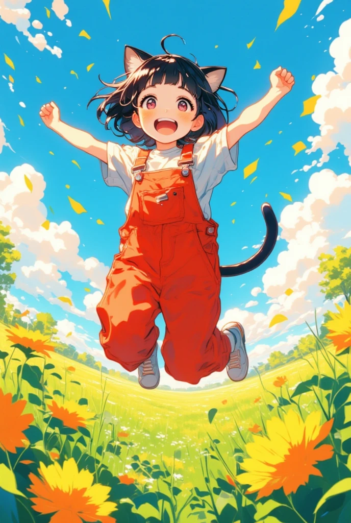 Anime, theme is "cat ear girl", cat ear girl is jumping around happily in the field, , short black bob hair, wearing red overalls, cute, low angle captures the girl at the moment she jumps up, sophisticated design, 8K quality, cartoon style, cheerful atmosphere, drawn with colorful colors