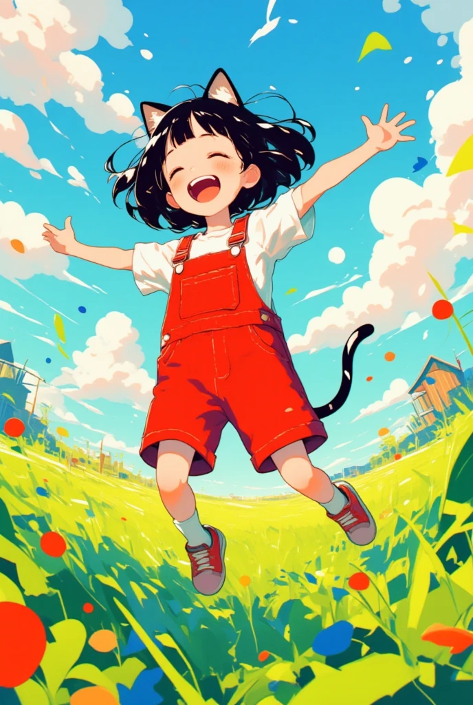 Anime, theme is "cat ear girl", cat ear girl is jumping around happily in the field, , short black bob hair, wearing red overalls, cute, low angle captures the girl at the moment she jumps up, sophisticated design, 8K quality, cartoon style, cheerful atmosphere, drawn with colorful colors