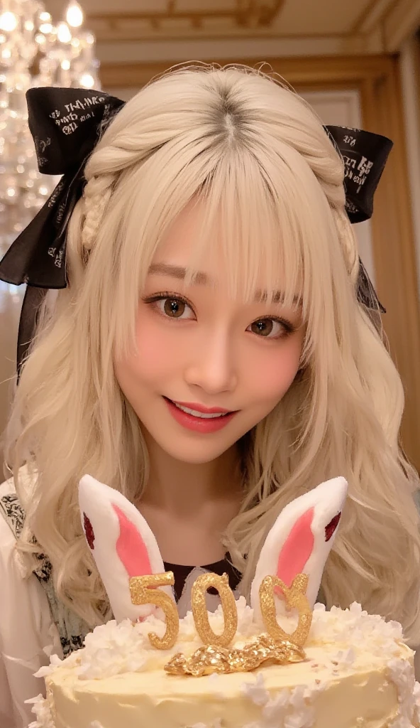 big text on cake say "5000 THANK with LOVE".  rabbit girl\(chibi,cute, kawaii,red eyes,white rabbit ears, luxuriously braided long white hair, big black hair bow, bangs, idol, looking at cake, smiling\)focus on the cake, beautiful bokeh,vivid lighting. chandelier.