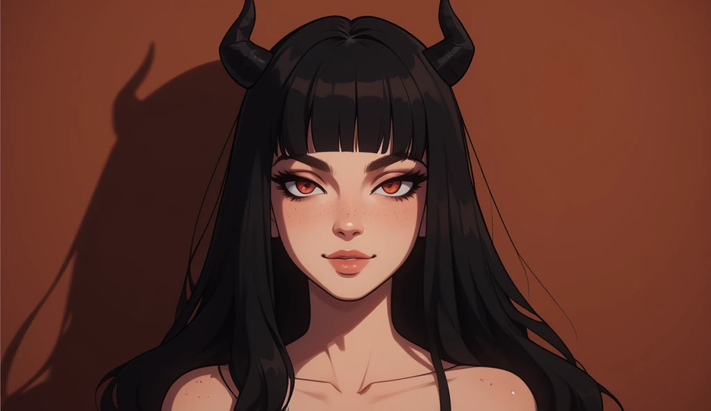 girl, red eyes, black hair, very little black horns, long hair, Modern Anime Style, High Definition, Ultra Details, Fantasy Modern World, HD, perspective from his face, smiling nostalgically, face in close-up, flat brown color background