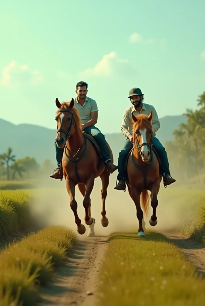 Two handsome young men, both with beautiful faces, white skin, and soft skin, lean and shirtless, with short black hair, riding horses together.