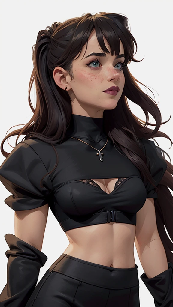 closeup of a woman in a black top and a black bra, estilo de arte de charlie bowater, Estilo Charlie Bowater, retrato de vampiro, arte do personagem charlie bowater, Alena Aenami e Artgerm, Neoartcore e Charlie Bowater, Charlie Bowater cores ricas e profundas, lazy art style, Artgerm e Tom Bagshawum close de uma mulher com longos cabelos pretos e um colar, amoranto, Bela Delfina, mais conhecido como amoranto, Kailee Mandel, cabelo preto e olhos grandes, profile picture with headshot, jovem linda amoranto, pale and glowing skin, retrato de alta qualidade, com cabelos longos e olhos penetrantes, skin pale as ivory, Sydney Hanson mode white skin tone close-up portrait cartoon style GTA style digital illustration of a woman in a black dress and black hair, linda rainha vampira, linda rainha feminina vampira, gothic maiden, very beautiful gothic top model, beautiful vampira feminina, goth girl, goth girl, gothic maiden of the dark, Gothic style, gothic woman, gothic clothes, gothic outfit, moda vampiro, vampira feminina, wearing a gothic dress Close-up of a woman with long hair and a sweater, cabelo castanho encaracolado, linda modelo, retrato de alta qualidade, medium portrait soft light, parece a jovem liv tyler, retrato colorido, linda mulher, cabelo loiro cacheado | d & d, beautiful portrait lighting, uma linda jovem, modelo muito lindo, Retrato de 50mm, Character style illustration style Completely bare breasts showing small fear Breast size Cartoon name: Isabella Cruz white background medium breasts freckled face Jennifer Connelly actress strong contours Physical description - long straight hair, tingidos de um marrom vibrante que contrasta com sua pele clara. - You reflect a mix of curiosity and determination. - Ela tem uma estatura alta, with a slender and agile figure, evidenciando sua agilidade e destreza. -fundo colorido Design de personagens de retrato, beautiful digital illustration, retrato de alta qualidade, Arte em quadrinhos, Corpo inteiro sensualizando 