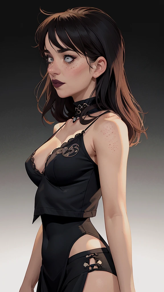 closeup of a woman in a black top and a black bra, estilo de arte de charlie bowater, Estilo Charlie Bowater, retrato de vampiro, arte do personagem charlie bowater, Alena Aenami e Artgerm, Neoartcore e Charlie Bowater, Charlie Bowater cores ricas e profundas, lazy art style, Artgerm e Tom Bagshawum close de uma mulher com longos cabelos pretos e um colar, amoranto, Bela Delfina, mais conhecido como amoranto, Kailee Mandel, cabelo preto e olhos grandes, profile picture with headshot, jovem linda amoranto, pale and glowing skin, retrato de alta qualidade, com cabelos longos e olhos penetrantes, skin pale as ivory, Sydney Hanson mode white skin tone close-up portrait cartoon style GTA style digital illustration of a woman in a black dress and black hair, linda rainha vampira, linda rainha feminina vampira, gothic maiden, very beautiful gothic top model, beautiful vampira feminina, goth girl, goth girl, gothic maiden of the dark, Gothic style, gothic woman, gothic clothes, gothic outfit, moda vampiro, vampira feminina, wearing a gothic dress Close-up of a woman with long hair and a sweater, cabelo castanho encaracolado, linda modelo, retrato de alta qualidade, medium portrait soft light, parece a jovem liv tyler, retrato colorido, linda mulher, cabelo loiro cacheado | d & d, beautiful portrait lighting, uma linda jovem, modelo muito lindo, Retrato de 50mm, Character style illustration style Completely bare breasts showing small fear Breast size Cartoon name: Isabella Cruz white background medium breasts freckled face Jennifer Connelly actress strong contours Physical description - long straight hair, tingidos de um marrom vibrante que contrasta com sua pele clara. - You reflect a mix of curiosity and determination. - Ela tem uma estatura alta, with a slender and agile figure, evidenciando sua agilidade e destreza. -fundo colorido Design de personagens de retrato, beautiful digital illustration, retrato de alta qualidade, Arte em quadrinhos, Corpo inteiro sensualizando 