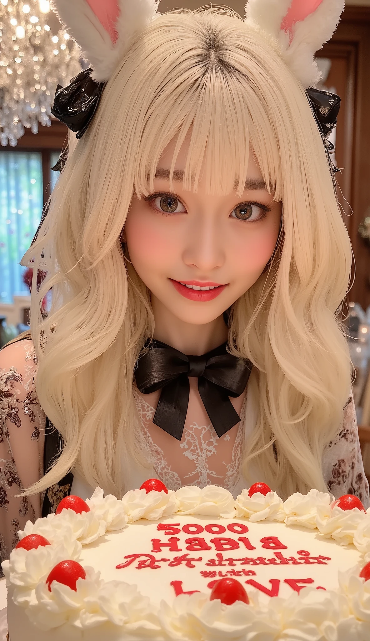 big text on cake say "5000 THANK with LOVE".  rabbit girl\(chibi,cute, kawaii,red eyes,white rabbit ears, luxuriously braided long white hair, big black hair bow, bangs, idol, looking at cake, smiling\)focus on the cake, beautiful bokeh,vivid lighting. chandelier.