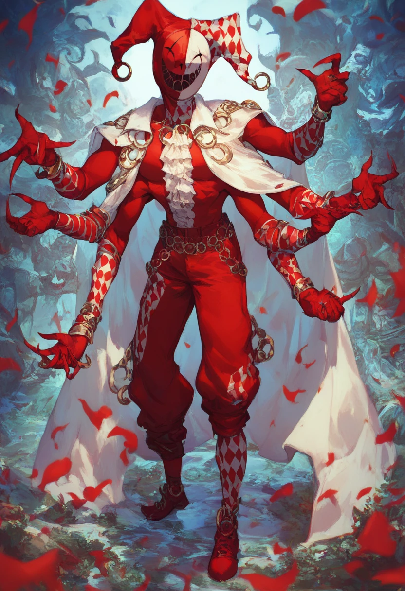 OswaldDistortion, ((6 arms, extra arms)), red bodysuit, multicolored cape, red cape, white cape, open cape, OswaldLOR, jester, jester cap, mask, clown, standing in the red and white circus, full body, solo