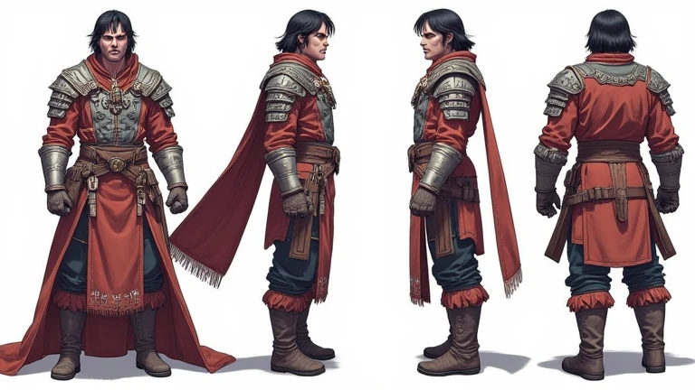 (masterpiece), medieval adventurer character sheet in manhwa style with armor, angry determinated expression, and well detailed, showing different angles, white background
