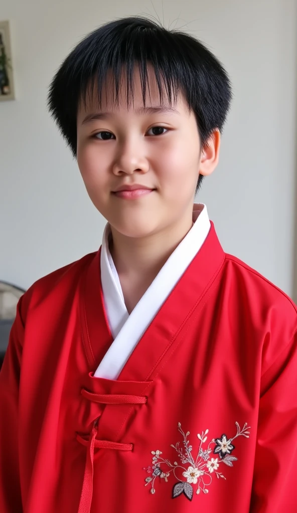 a young Korean boy with black hair wearing red hanbok