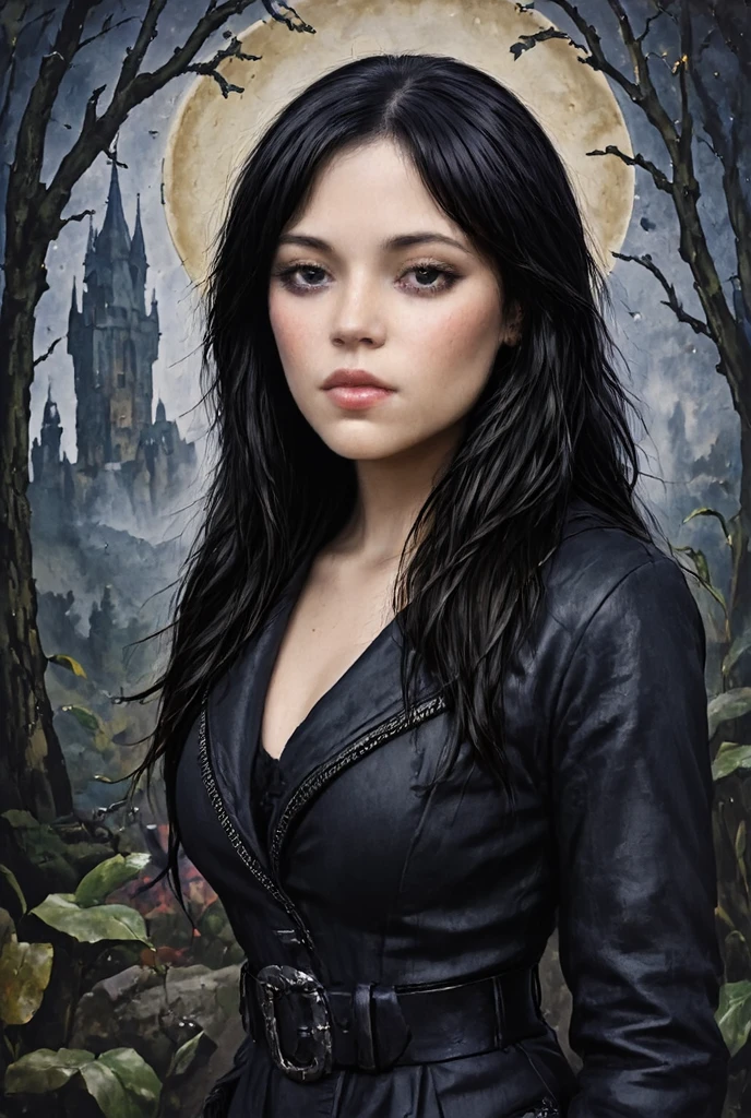 Beautiful portrait of a woman, Jenna Ortega,
young woman, long black hair,  small freckles, biker black leather jacket, in a gothic landscape, dark forest, gothic castle, during night, ink and watercolor, aman0ayam1, high resolution, high definition, masterpiece, many details, cold colors