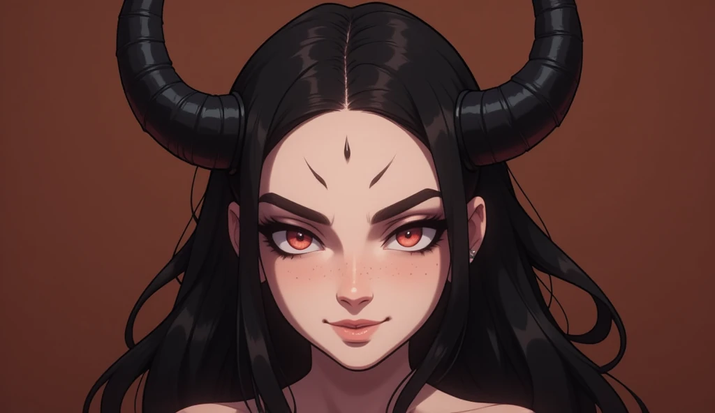 girl, red eyes, black hair, bare forehead, very little black horns, long hair, Modern Anime Style, High Definition, Ultra Details, Fantasy Modern World, HD, perspective from his face, smiling nostalgically, face in close-up, flat brown color background