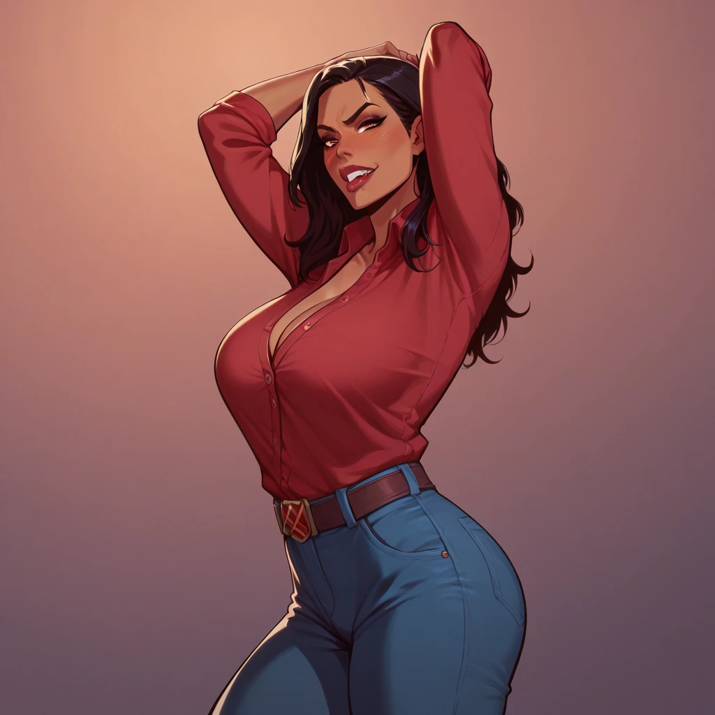 1 woman, Marvel Rivals, standing with her arms up leaning back, seductive face, big breasts, dark red gradient background