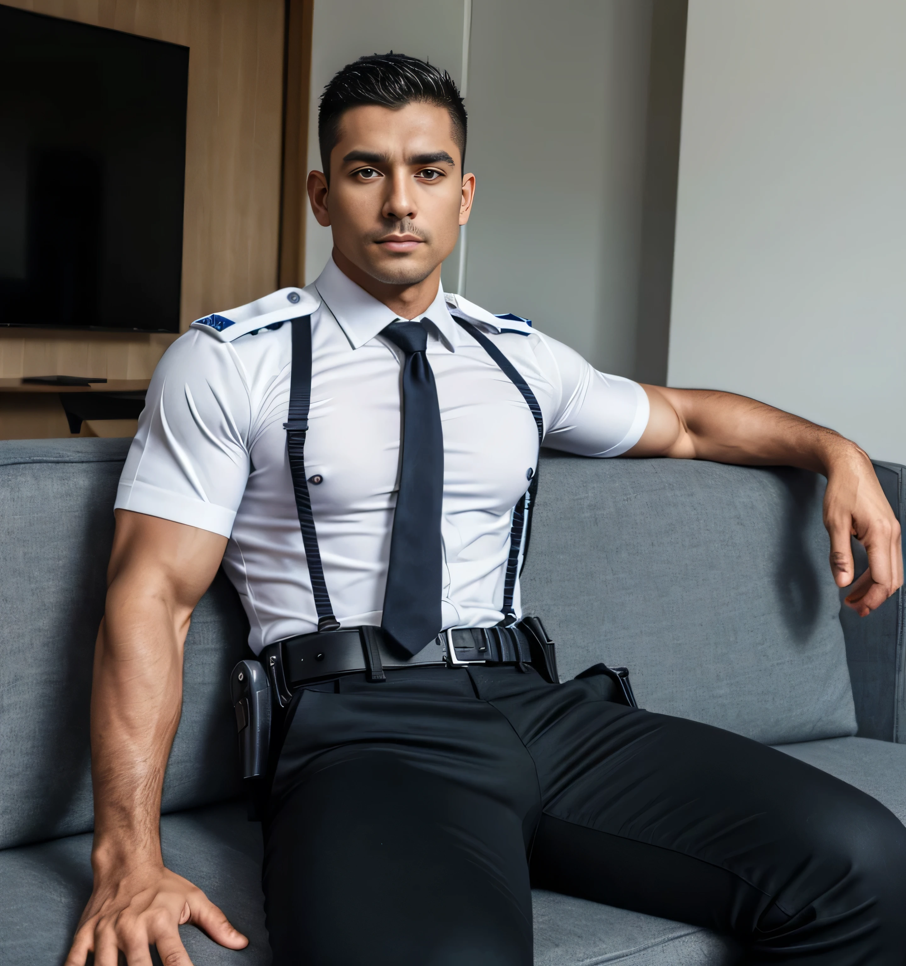 1male,((police officer costume)),muscular,((sock garters)),lying,on bed,bulgeJ8,masterpiece, best quality,