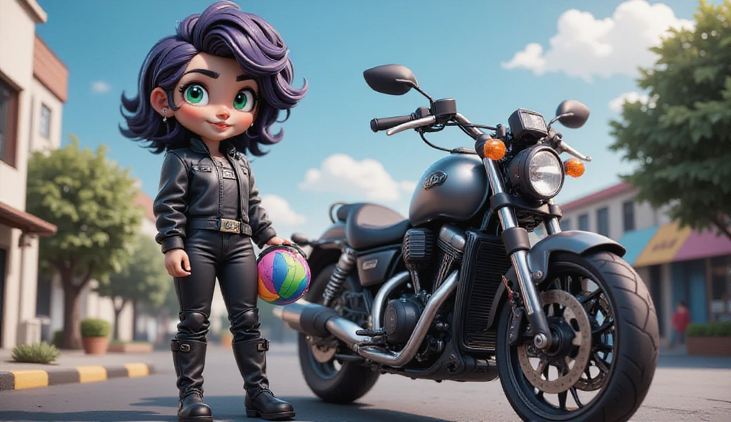 Create an image of a confident and stylish black girl on a bike, standing next to her stylish motorcycle. She is fully equipped with high-quality motorcycle gear, including a leather jacket, protective pants and sturdy boots. Her helmet, which she holds in her hand, is a vibrant color that matches her bike. The background should be a slum in the distance, suggesting a sense of adventure and freedom. The overall mood of the image should be energetic and inspiring, capturing the spirit of the open road and the thrill of driving.





