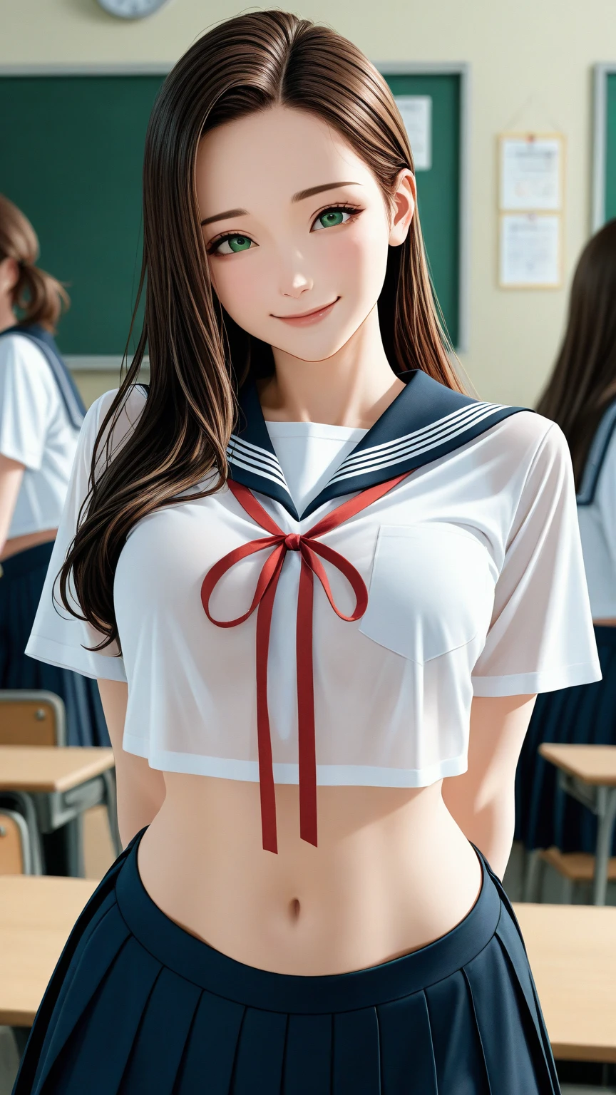 masterpiece, 1lady, JK, green eyes, slightly smile, detailed semi-long hair, dark brown silky hair, forehead, sliced back hair, side ponytail, contrapposto, hands behind back, navel, classroom, (sheer crop top white shirt), sailor suit, pleated skirt, red ribbon tie