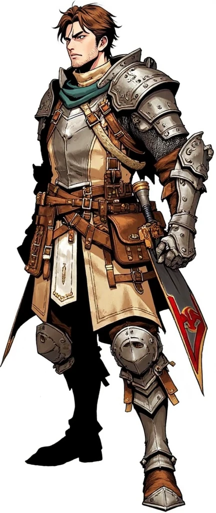 (masterpiece), medieval adventurer character sheet in manhwa style with armor, angry determinated expression, and well detailed, showing different angles, white background
