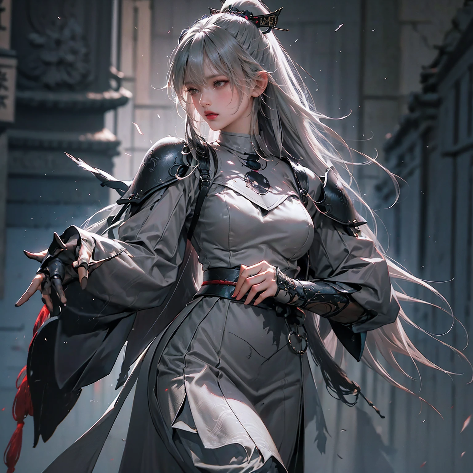 Grey Hair, whole body,Big Breasts, top quality,woman,Alone,((  Masterpiece )), (( top quality)), (  super detailed ), ((  very detailed)), 4K, (8k), top quality, 緑の目をしたwoman, Japanese tattoo sleeve on right arm ,  samurai armor  ,  wear armor ,  software  , Japanese Temples