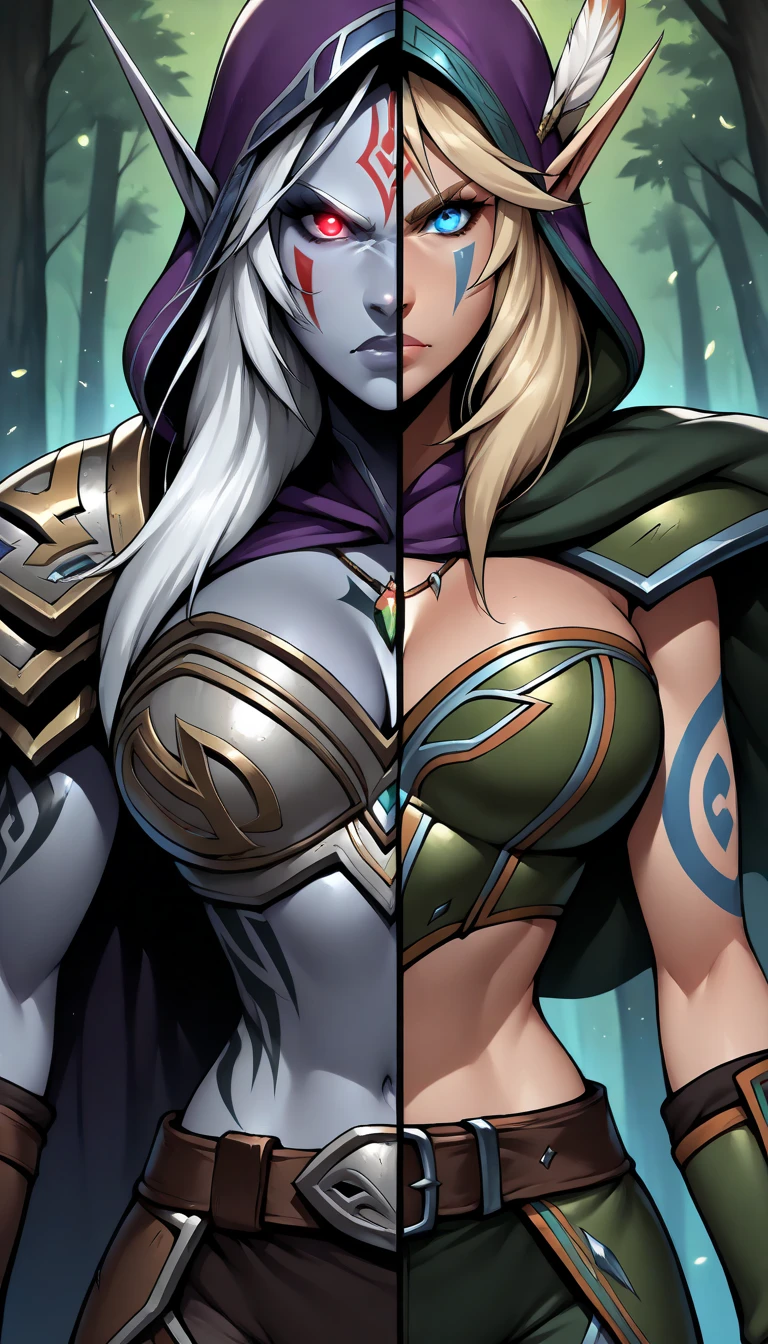 Split the girl into two halves, look at viewer, (SplitScreen, split screen, Forest background, BREAK  sylwinundead, long hair, undead, white hair, grey skin, pointy ears, red eyes, hood, pauldrons, glowing eyes, breastplate, gloves, armor, cape, pants, midriff, angry, colored skin, purple hood, red eye on left:1.1), (SplitScreen, split screen, Forest background, BREAK  alleria windrunner, blue eyes, blonde hair, pointy ears, elf, tattoo, glowing eyes, facial mark, armor, shoulder armor, gloves, cleavage, jewelry, necklace, feathers, belt , cape, angry, Green hood, blue eye on right:1.1)