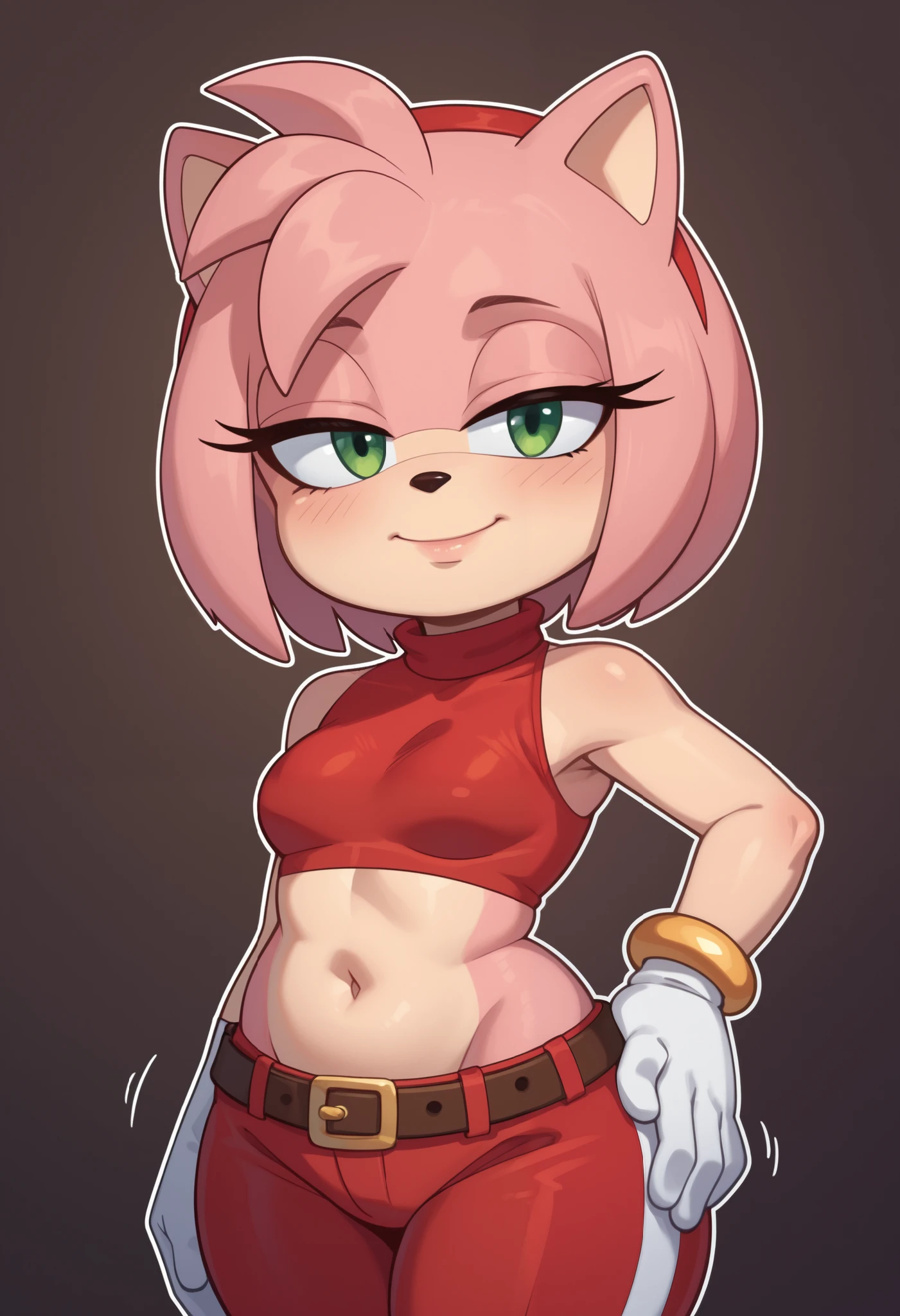 score_9, score_8_up, score_7_up, rating_explicit, source_cartoon, white outline, bold outline, simple background, evnstnly, 1 girl, furry female, amy rose, two-tone skin, cute, (shortstack:1.3), white gloves, gold bracelet, tube top, small breasts, huge hips, plump, chibi, hand on hip, motion lines, half closed eyes, head tilt, from side.| choker. gloves, navel,midriff, belt, pants, crop top, turtleneck, room, room background, cowboy shot. forest. tent
