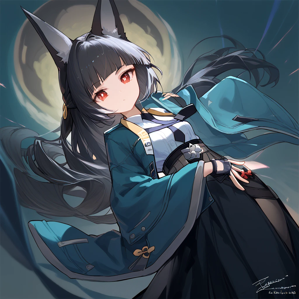 perfect eyes, miyabihoshimi, miyabi hoshimi,animal ear fluff, animal ears, black hair, bright pupils, fox ears, fox girl, half updo, long hair, red eyes, sidelocks, white pupils, asymmetrical gloves, black gloves, black necktie, black skirt, blue jacket, collared shirt, fingerless gloves, gloves, high-waist skirt, jacket, long skirt, necktie, shirt, side slit, single fingerless glove, skirt, white shirt, wide sleeves, side battle pose, epic