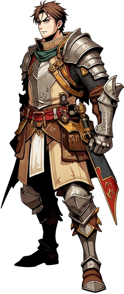 (masterpiece), medieval adventurer character sheet in manhwa style with armor, angry determinated expression, and well detailed, showing different angles, white background
