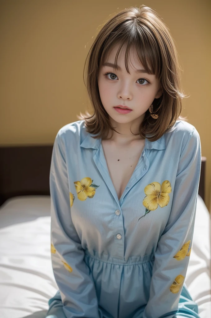 ( top quality , masterpiece, 16k,  ultra detail,  Beautiful skin,   Professional Lighting )  A girl ,、｛(night uniform , wearing a yellow flower print pajyama,the cowboy shot, )}、(at motel,shaggy hair , sitting on bed,13-years-old,looking for me)