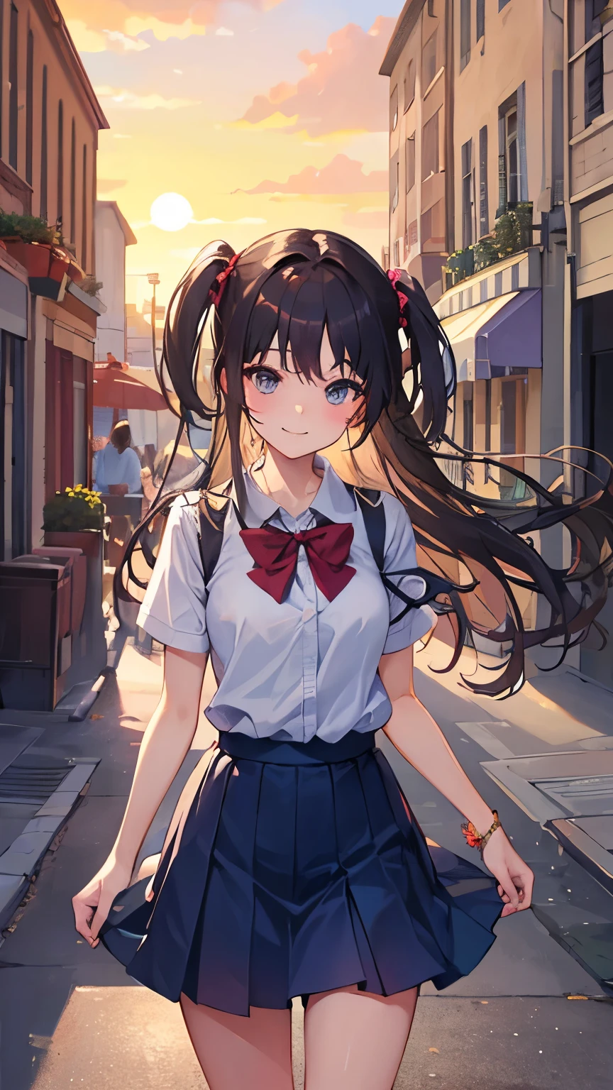 Bitter smile, schoolgirl, mischievous wind fluttering her skirt, quay, sunset