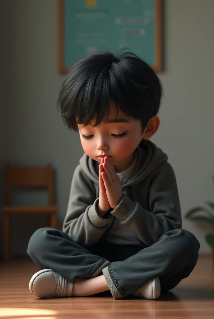 The child kneels in front of the bed and prays devoutly,Black hair Asian ???