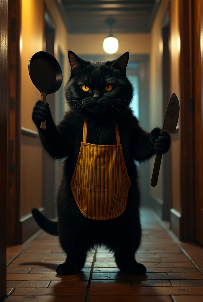 A black cat with knocked down ears and narrow eyes is angry holding a frying pan and a kitchen knife in both hands,  Standing menacingly in a hallway with a view of the kitchen in the back , 2本足で歩く人間の背丈と同じくらいbody格の良いスコティッシュフォールドのブラックキャット ((Cait Sith)) body, ( top quality ,4K,8k, high res,masterpiece:1.2), Ultra Details,( realistic,photo realistic,photo- realistic:1.37),  detail eyes , detailed nose ,extremely detailed face, has long eyelashes,, dusk lighting , yellow vertical stripe apron,Sulky,dramatic, like a movie , mysterious in another dimension,Western-style house ,atmosphere,captivating