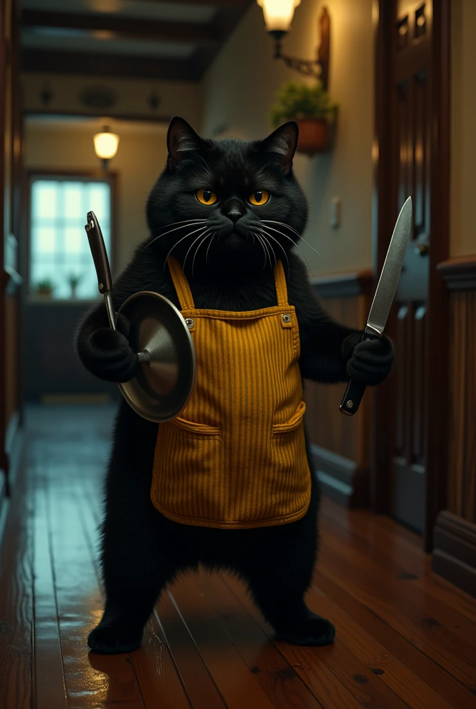 A black cat with knocked down ears and narrow eyes is angry holding a frying pan and a kitchen knife in both hands,  Standing menacingly in a hallway with a view of the kitchen in the back , 2本足で歩く人間の背丈と同じくらいbody格の良いスコティッシュフォールドのブラックキャット ((Cait Sith)) body, ( top quality ,4K,8k, high res,masterpiece:1.2), Ultra Details,( realistic,photo realistic,photo- realistic:1.37),  detail eyes , detailed nose ,extremely detailed face, has long eyelashes,, dusk lighting , yellow vertical stripe apron,Sulky,dramatic, like a movie , mysterious in another dimension,Western-style house ,atmosphere,captivating