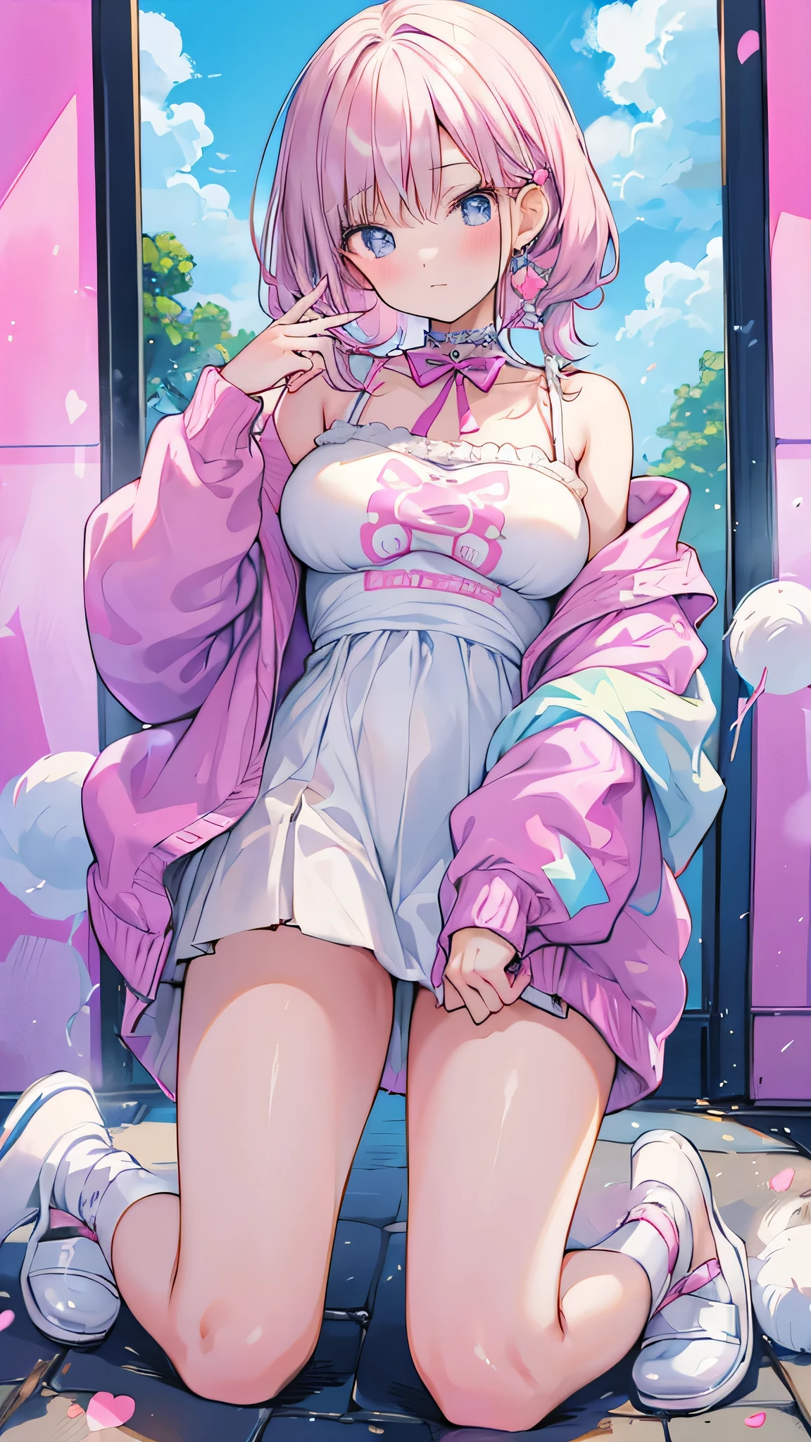 She wears a baggy light blue shirt with puffy purple/light blue shorts. She has blue boots with gold rings hust above her kneecaps. Her hair is blue and mostly covered up by a hood. She also has a pink stuffed bunny in her left hand. She also has D cup breasts. SPARKLE; GLITTER