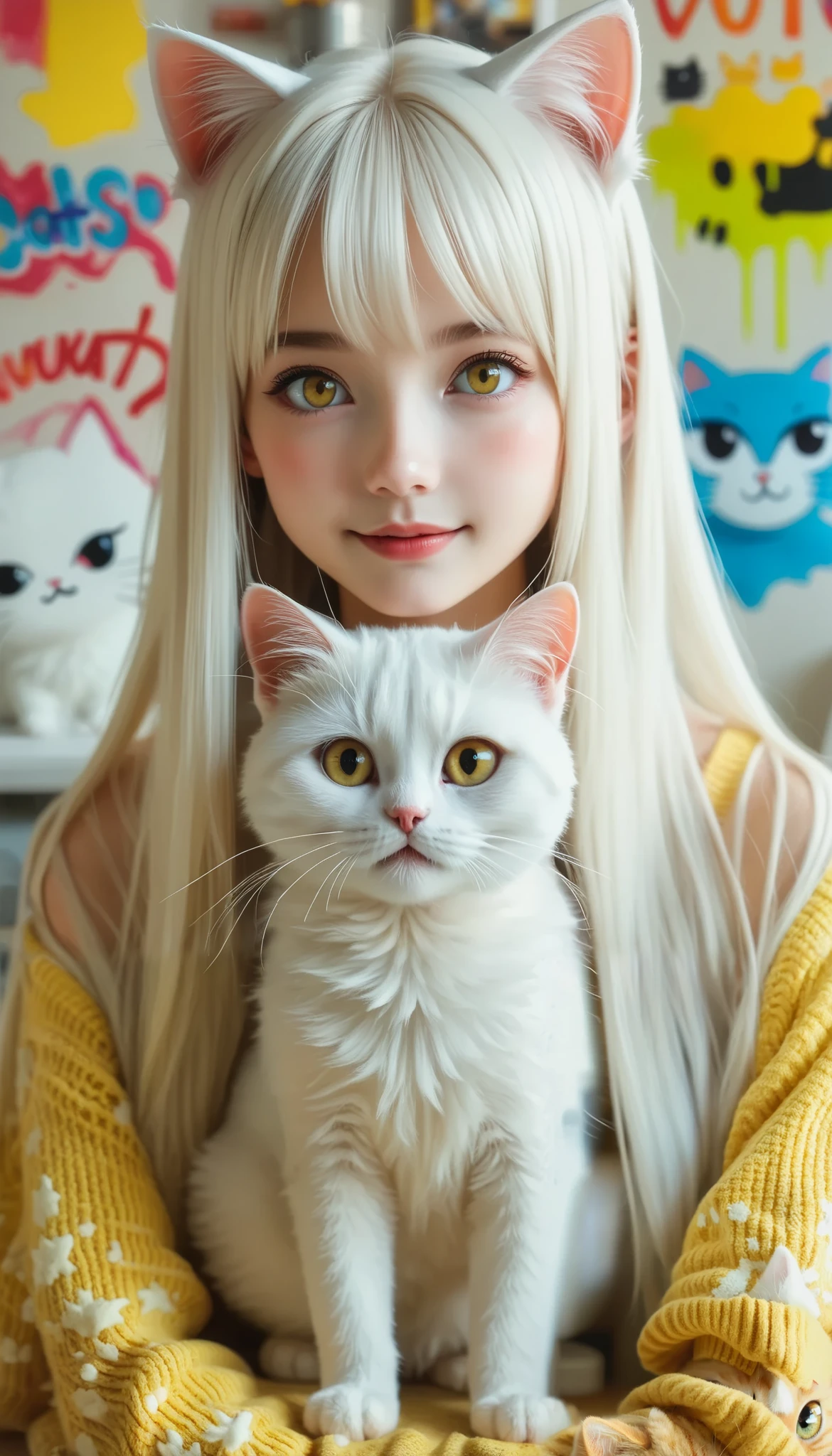 Cat-Eared Girl, cute cat ears, Very realistic white cat, super realistic ,  RAW photos ,  Perfect Anatomy,  long white hair,  very long hair, Straight perm, bangs,  yellow eyes,  new look, ((( cuteモコモコ猫の服))), (((Room full of cats ,  girl buried in cats , neko))),  graffiti, HD artwork,  HD vector art  , Ultra-fine,  very detailed, top quality ,  cute,  funny