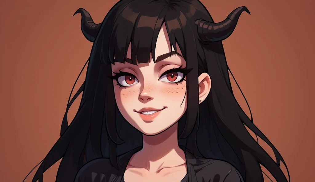 girl, cute face, red eyes, black hair, bare forehead, very little black horns, long hair, Modern Anime Style, High Definition, Ultra Details, Fantasy Modern World, HD, perspective from his face, smiling nostalgically, face in close-up, flat brown color background