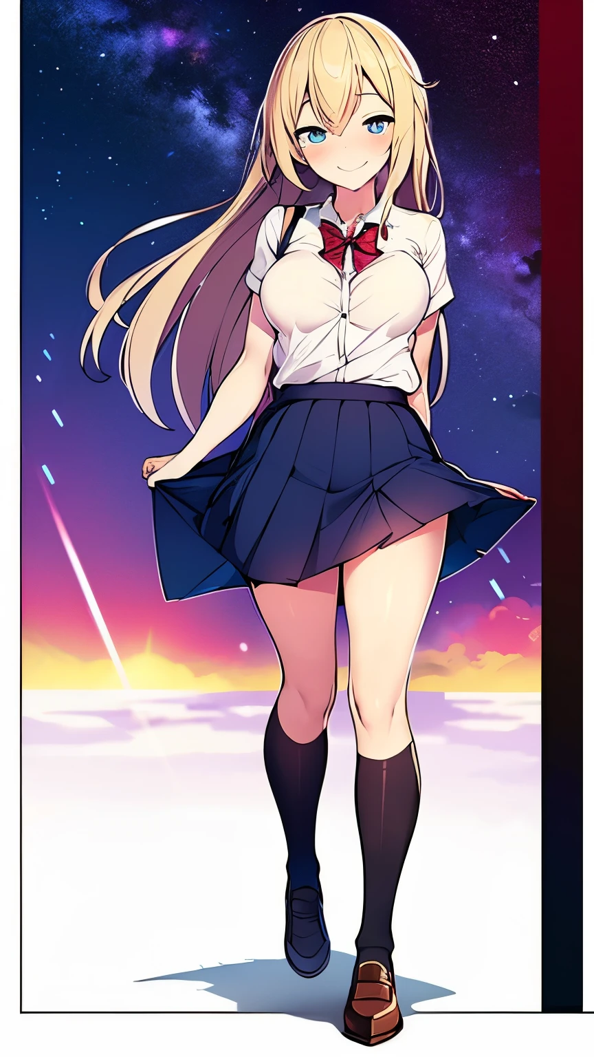 Bitter smile, schoolgirl, mischievous wind fluttering her skirt, starry sky