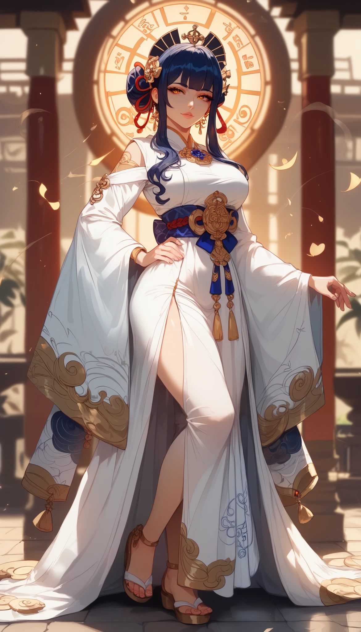 masterpiece,best quality,highly detailed,ultra-detailed,an extremely delicate and beautiful,masterpiece,1girl, solo,kaguya,mature female, long hair, absurdly long hair, third eye,horns, pale skin,white short eyebrows, otsutsuki kimono, floating hair, looking at viewer,huge breast, walking, flipflops