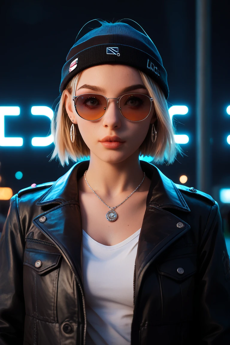 Face close up, alternative girl, watching over black sunglasses, jacket, necklace, neon light reflections on skin, ear ring, makeup, skin imperfection, short hair, beanie, neon lights background, low light, depth of field, highly detailed, high contrast, film grain, Rim Lighting, Long Exposure, DSLR