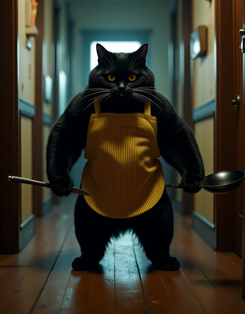 A black cat with knocked down ears and narrow eyes is angry holding a frying pan and a kitchen knife in both hands,  Standing menacingly in a hallway with a view of the kitchen in the back , 2本足で歩く人間の背丈と同じくらいbody格の良い身bodyの膨れたスコティッシュフォールドのブラックキャット ((Cait Sith)) body, ( top quality ,4K,8k, high res,masterpiece:1.2), Ultra Details,( realistic,photo realistic,photo- realistic:1.37),  detail eyes , detailed nose ,extremely detailed face, has long eyelashes,, dusk lighting , yellow vertical stripe apron,Sulky,dramatic, like a movie , mysterious in another dimension,Western-style house ,atmosphere,captivating