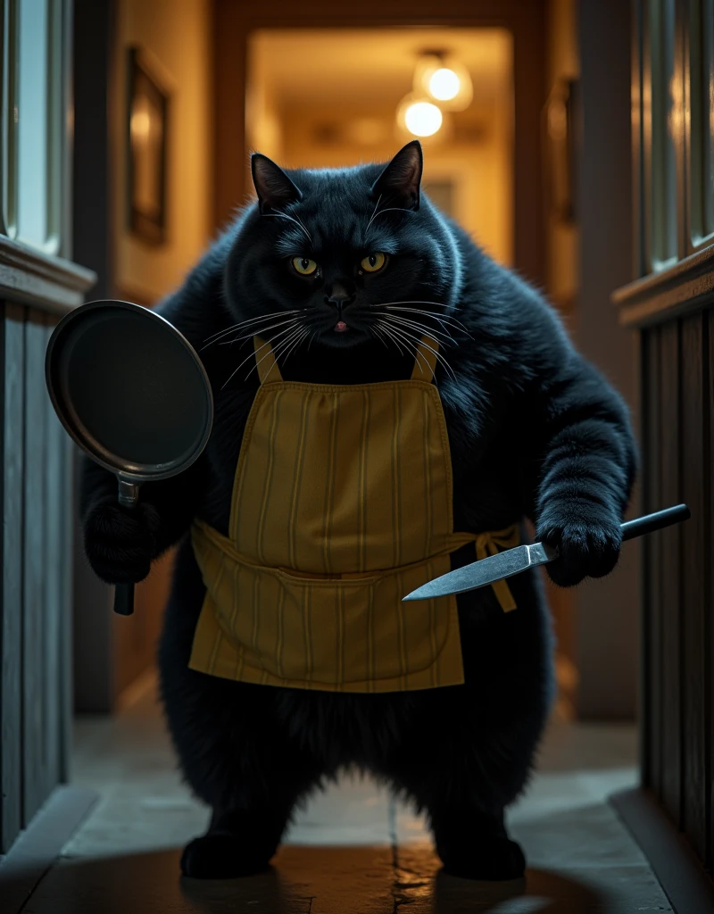 A black cat with knocked down ears and narrow eyes is angry holding a frying pan and a kitchen knife in both hands,  Standing menacingly in a hallway with a view of the kitchen in the back , 2本足で歩く人間の背丈と同じくらいbody格の良い身bodyの膨れたスコティッシュフォールドのブラックキャット ((Cait Sith)) body, ( top quality ,4K,8k, high res,masterpiece:1.2), Ultra Details,( realistic,photo realistic,photo- realistic:1.37),  detail eyes , detailed nose ,extremely detailed face, has long eyelashes,, dusk lighting , yellow vertical stripe apron,Sulky,dramatic, like a movie , mysterious in another dimension,Western-style house ,atmosphere,captivating