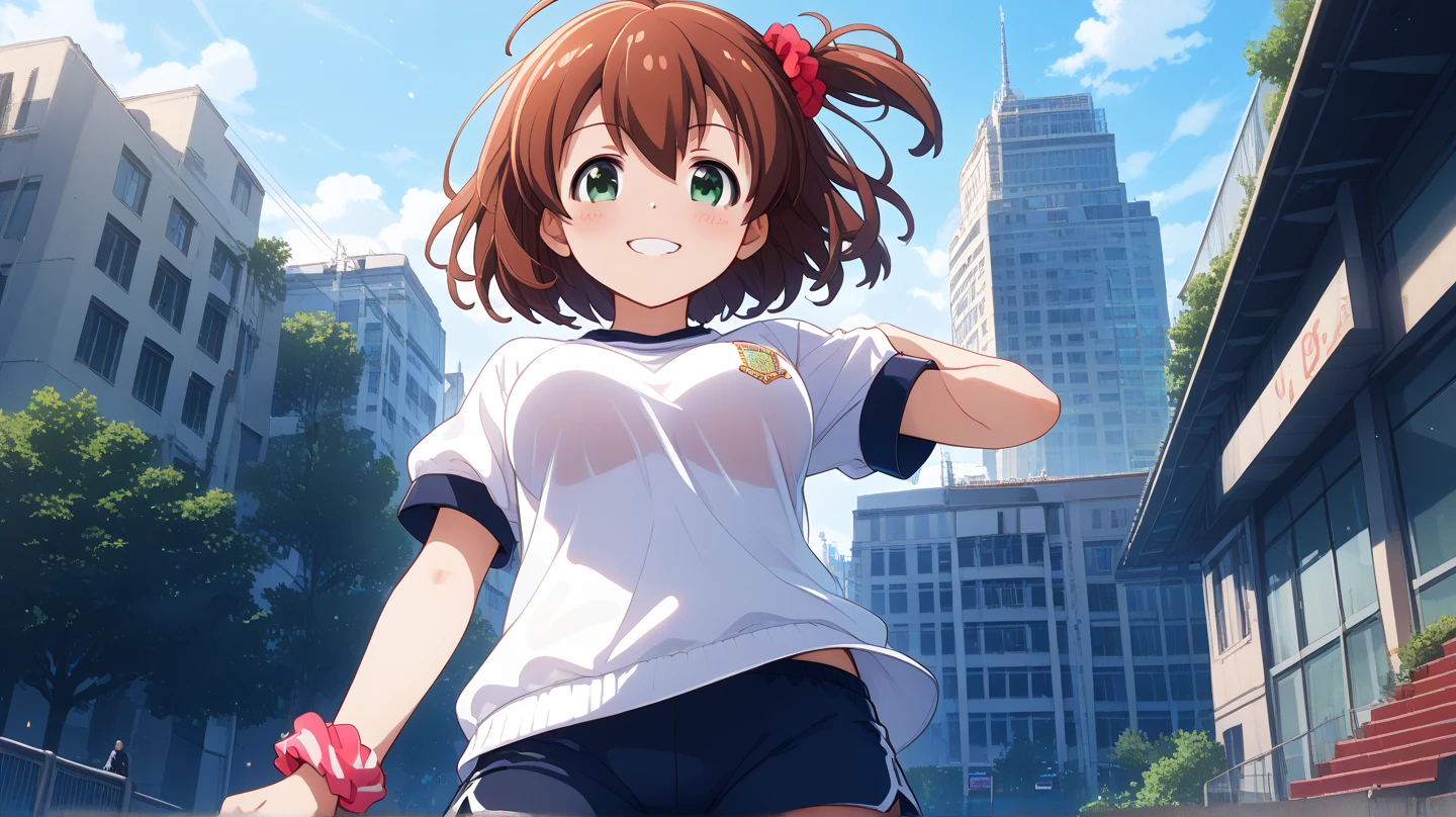 (masterpiece, best quality), highly detailed background, perfect lighting, best quality, batogamiki, solo, from below, looking at viewer, blush, smile, brown hair, one side up, hair scrunchie, red scrunchie, ahoge, hair between eyes, bangs, short hair, green eyes, medium breasts, gym_uniform, white shirt, short sleeves, black shorts, standing, outdoors, school building, dutch angle,