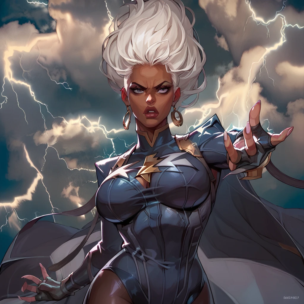 1 woman, Storm, Marvel Rivals,, arms outstretched, lightning around, leaning back, seductive face, big breasts, dark gradient background