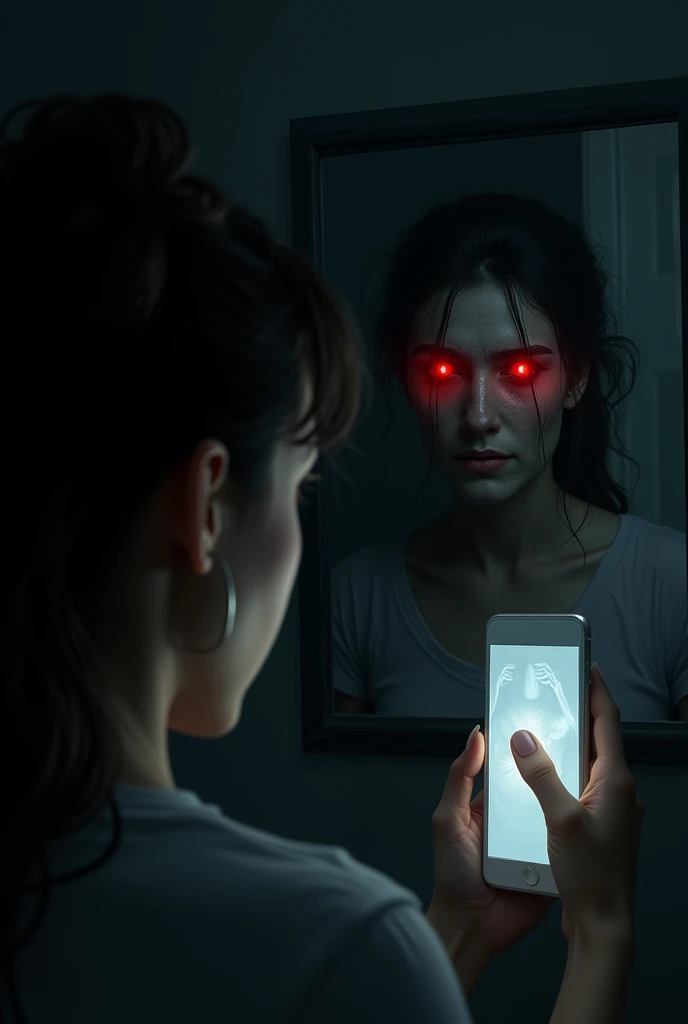 a redhead girl taking a selfie in the mirror of her room becoming a demon with red eyes