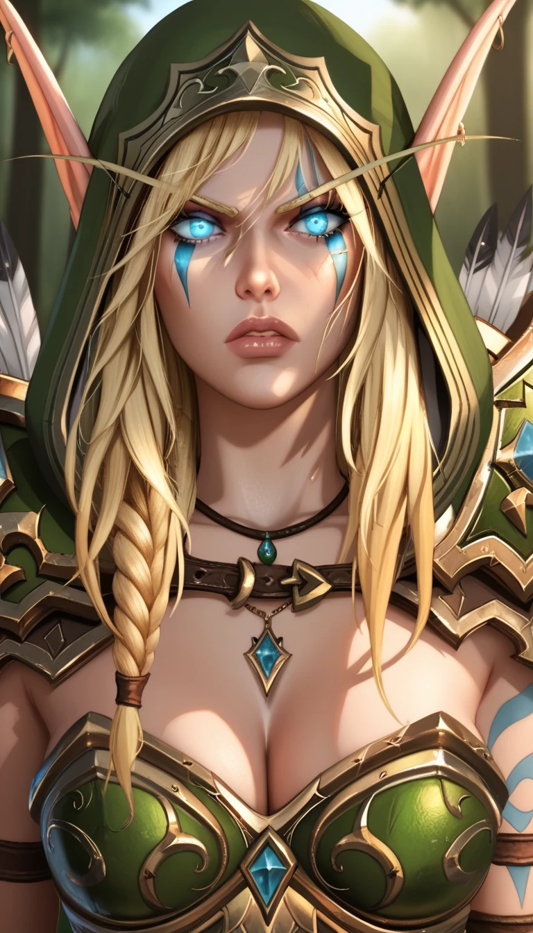 Look at the veiwer,  (SplitScreen, split screen, Forest background, BREAK  alleria windrunner, blue eyes, blonde hair, pointy ears, elf, tattoo, glowing eyes, facial mark, armor, shoulder armor, gloves, cleavage, jewelry, necklace, feathers, belt , cape, angry, Green hood)