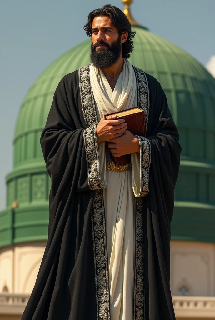 Imam Hussain, peace be upon him, with a bright face, wearing a green dress and a brown robe