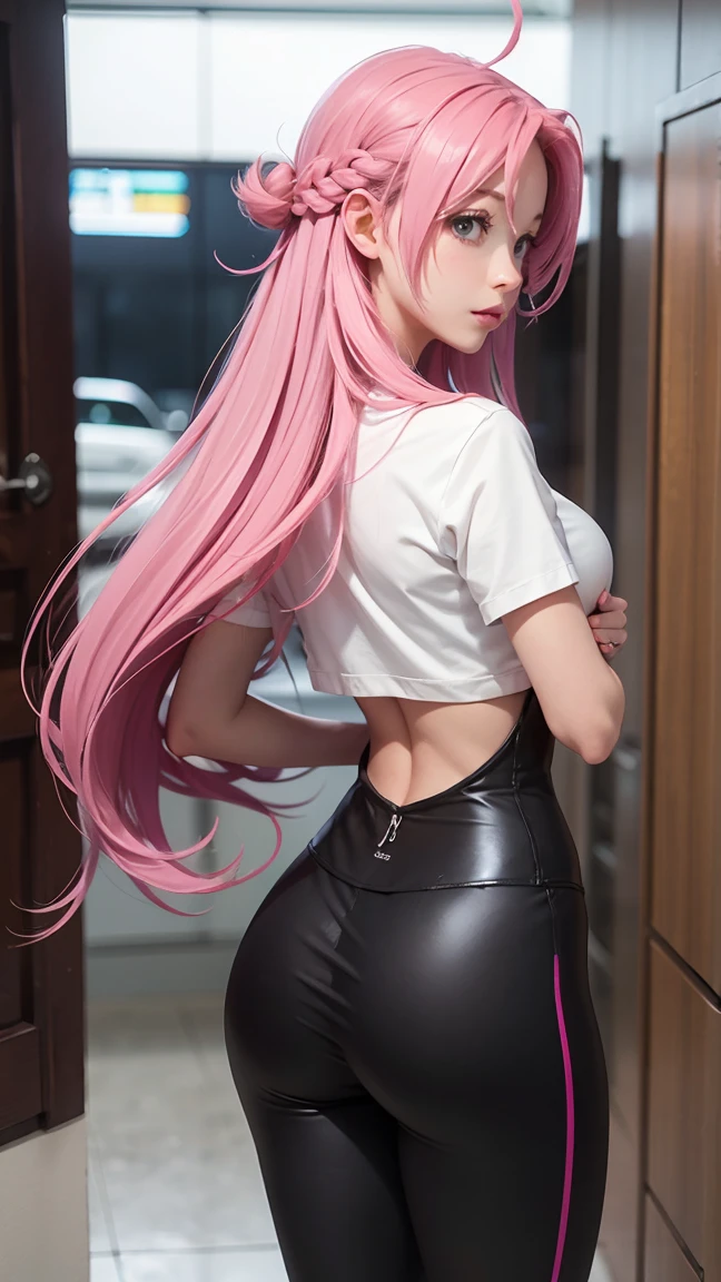 Zero Two, darling in the franxx, 1girl, 独奏, Masterpiece, Best Quality, Ultra-detailed, fringe, At the back, ombre, Green eyes, Hair behind the head, Horns, hairlong, looking a viewer, makeup, big ass, pilot suit, red costume, pink hair, red eyeshadow, science fiction, Sci-Fi