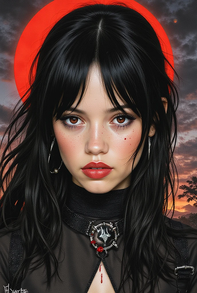 Beautiful portrait of a woman, vampire warrior, Jenna Ortega,
young woman, long black hair,  small freckles, vampire fangs, blood, black armor, in a gothic landscape during night, ink and watercolor, Painting of Luis Royo, red eyes, high resolution, high definition, masterpiece, perfect anatomy, perfect face, angry, many details, warm colors