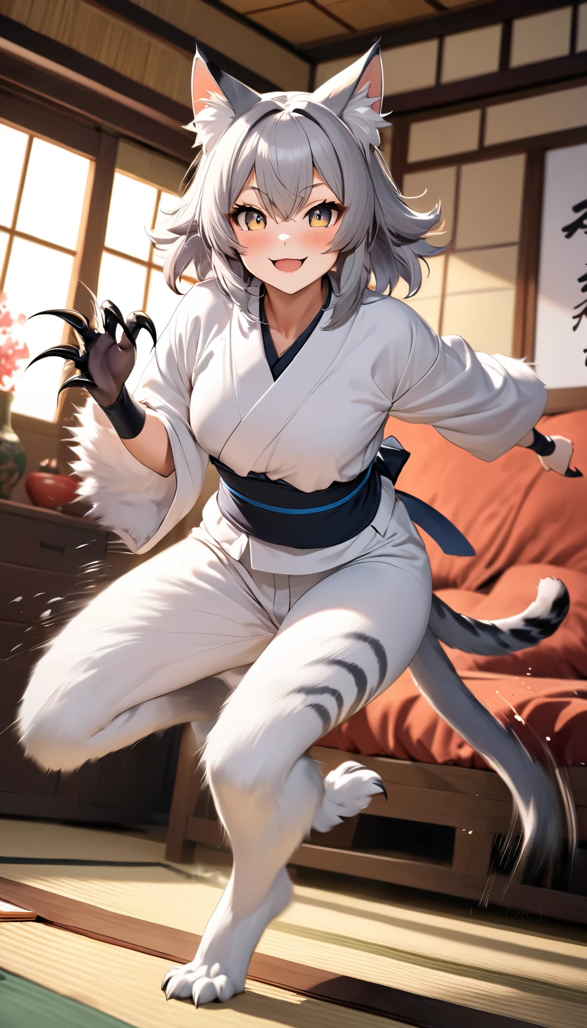 kemono style, a cat woman, solo, her body is cat's fur skin, absurd, ultra-realistic cat's fur, Scratch with sharp claws, high speed line motion, cat's eyes, mischievous Smile, onthe kotatu, Japanese-style room background, BREAK dynamic action, motion blur, a performance that draws you in to her, very cute pop effect, 