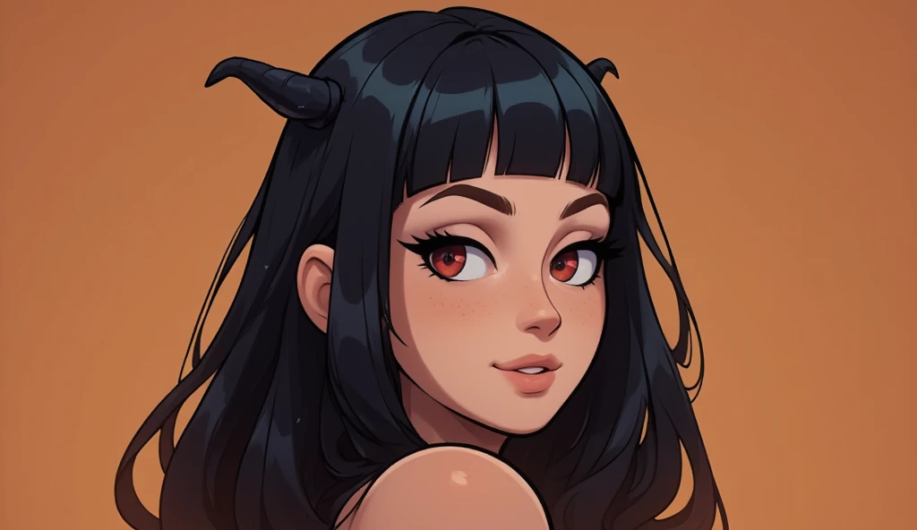 girl, cute face, red eyes, black hair, bare forehead, profile face, very little black horns, long hair, Modern Anime Style, High Definition, Ultra Details, Fantasy Modern World, HD, perspective from his face, smiling nostalgically, face in close-up, flat brown color background